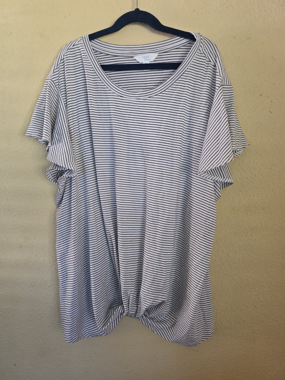 Time and Tru White and Black Striped Knot-Hem Short Sleeve Top